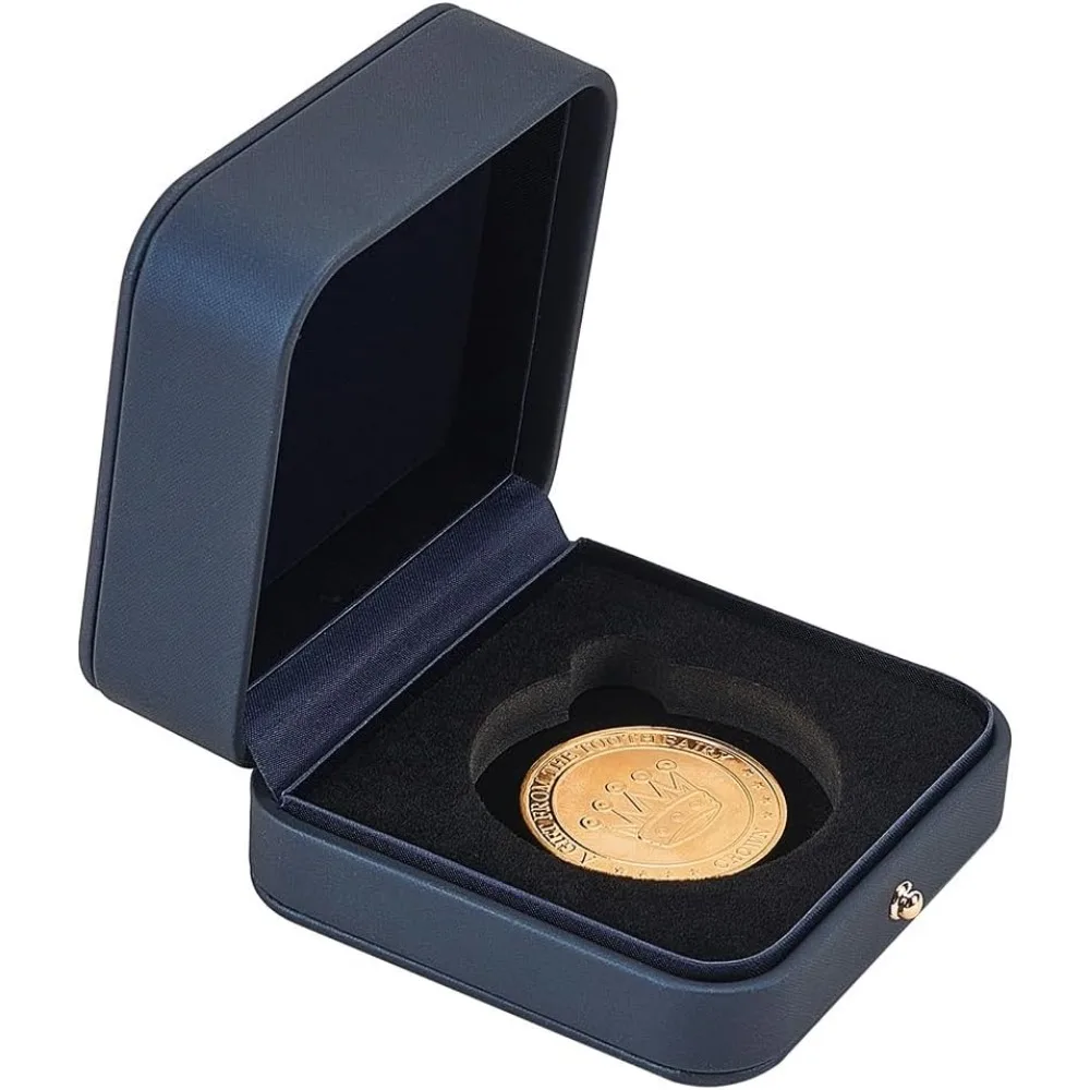 50mm Coin Presentation Display Box Holder Prussian Blue Square Imitation Leather Coin Storage Boxes with Black Velvet Inside