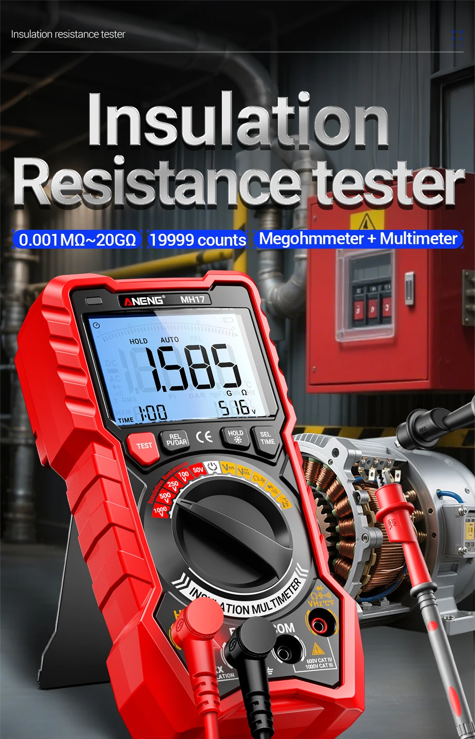 

Цифровой мультиметр 2-в-1 для измерения сопротивления изоляции, перезаряжаемый, True RMS, 19999 показаний, тестер напряжения переменного/постоянного тока и емкости MH17