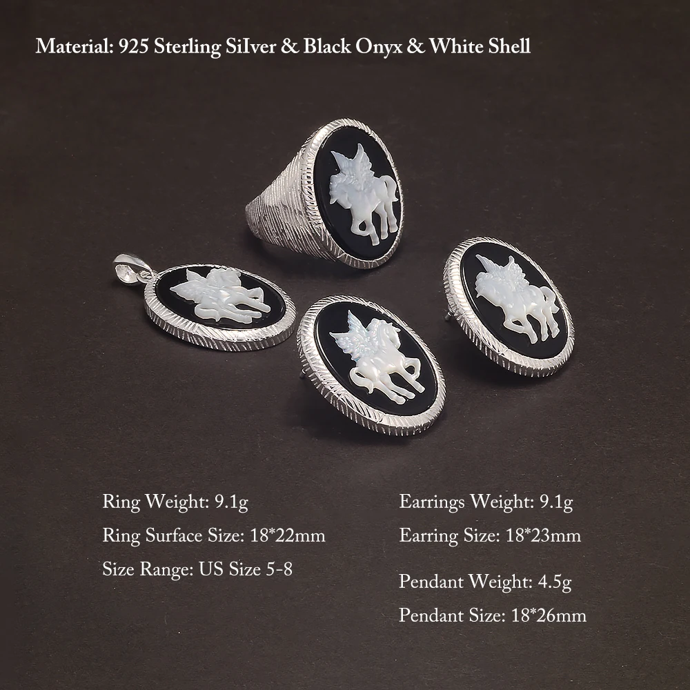 TZgrams 925 Sterling Silver Unicorn Cameo Onyx Ring Woman Black Onyx Earrings Pendant Round Shaped Fashion Vintage Jewelry Set