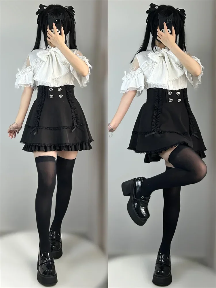 Japanese Mine Style Mass-produced Sweet Lace Bow Off Shoulder Short Sleeve Single-breasted Lolita All-matched Shirt Blouse Women