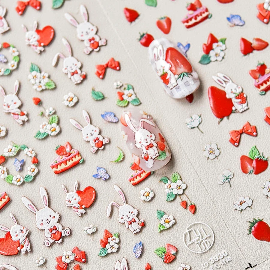 Rabbit Strawberry Cake Flower Wreath Bow Red Love Heart Bunny Poker Bowknot Embossed Relief Nail Art Stickers 3D Manicure Decals