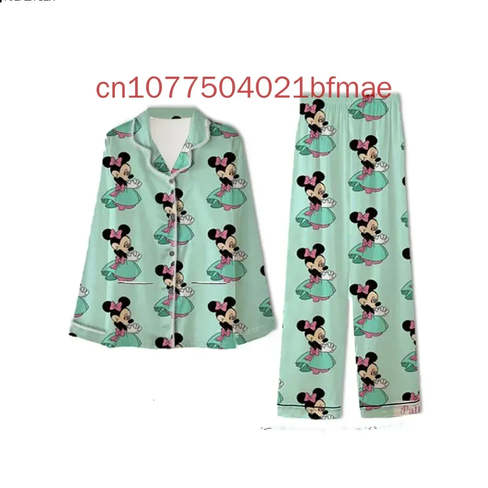 Disney Cute Minnie Pajamas Set Spring and Summer New Women's Casual Shirt Long Sleeved Pajamas