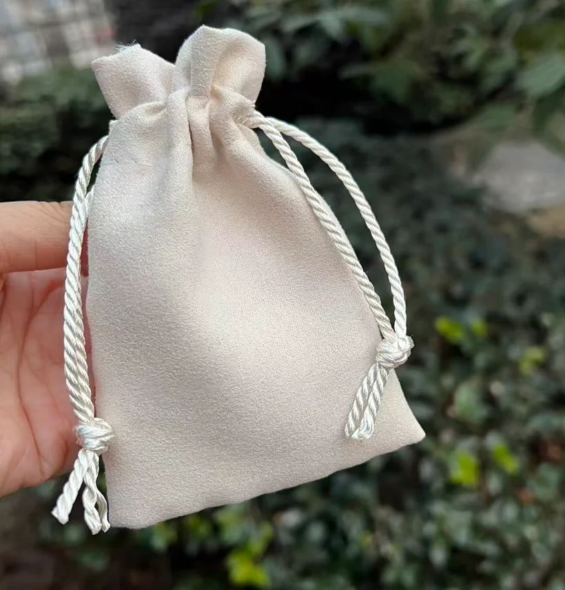 Cream Suede Gift Bags Custom Logo Sack Makeup Drawstring Pouch Jewelry Ivory Flannel Sachets