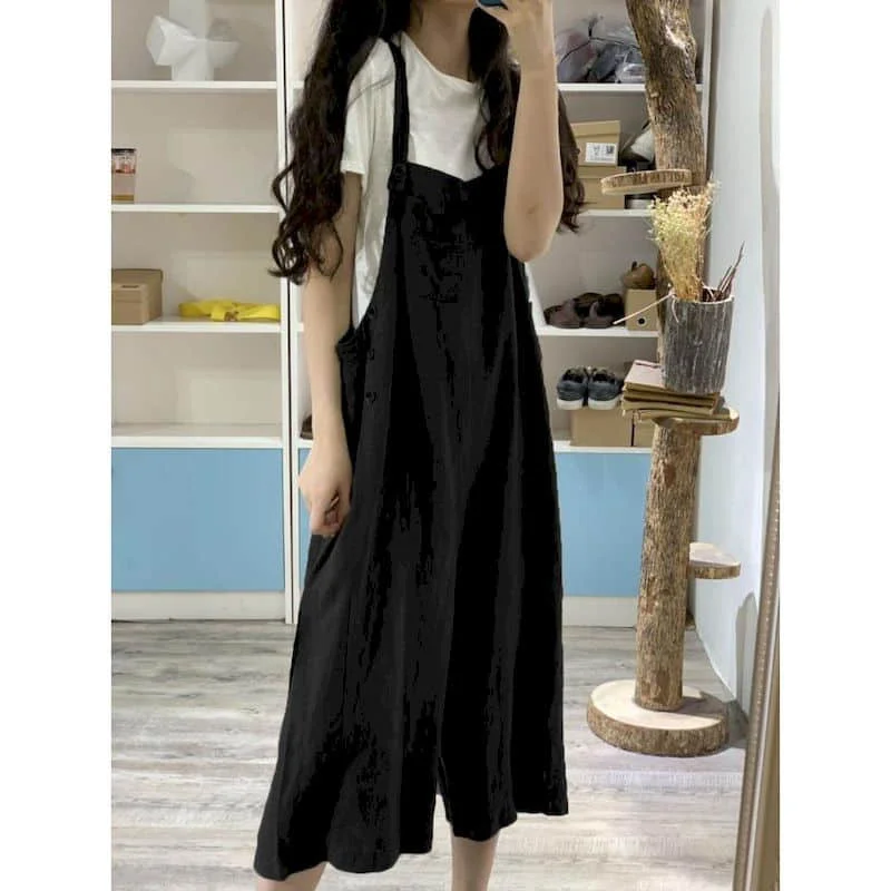 Solid Jumpsuits for Women Loose Workwear Playsuits Safari Style One Piece Outfit Women Casual Overalls Cropped Wide Leg Pants