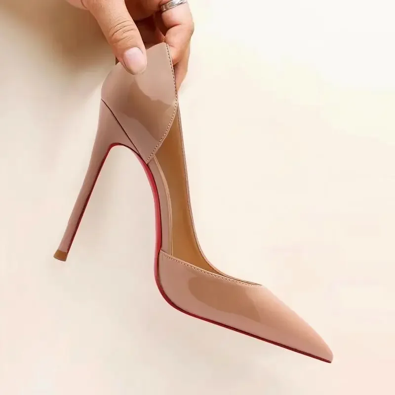 Versatile Nude Side Open High Heels New Red Bottom Thin Heel Internet Famous Design Sensation Pointed Toe Slip-On Patent Leather