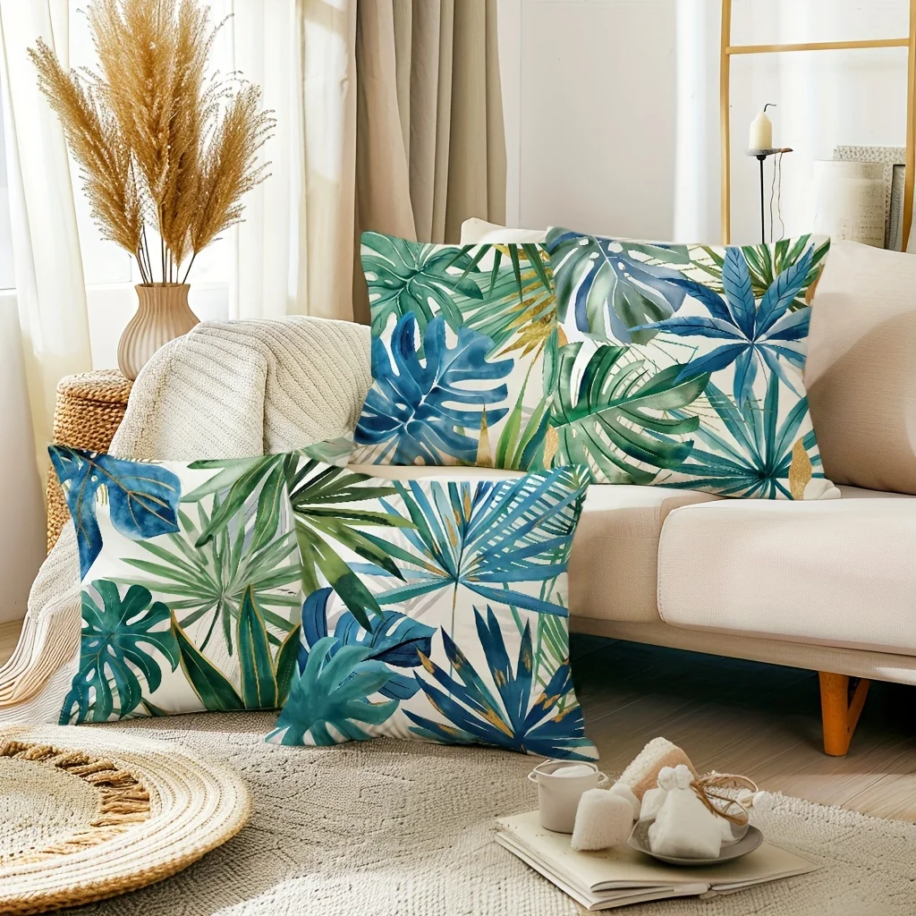 Tropical Leaf Patterned Double-sided Printed pillow cover Short plush Suitable living rooms bedrooms sofas throw cushion cover