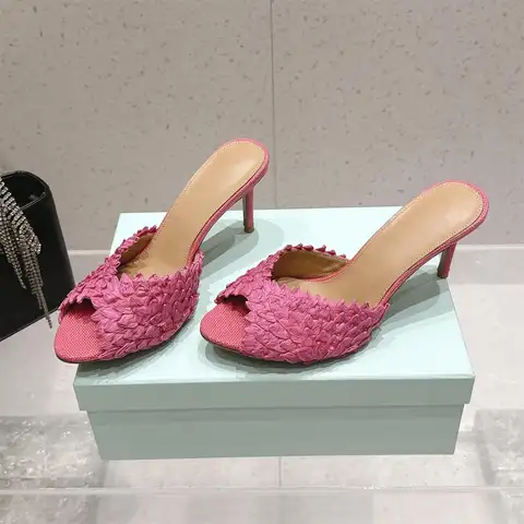 Womens Raffia Woven Heeled Mules Elegant Textured Ruffled Open Toe Stiletto Sandals Slip On Party Dress High Heels Pumps ladies