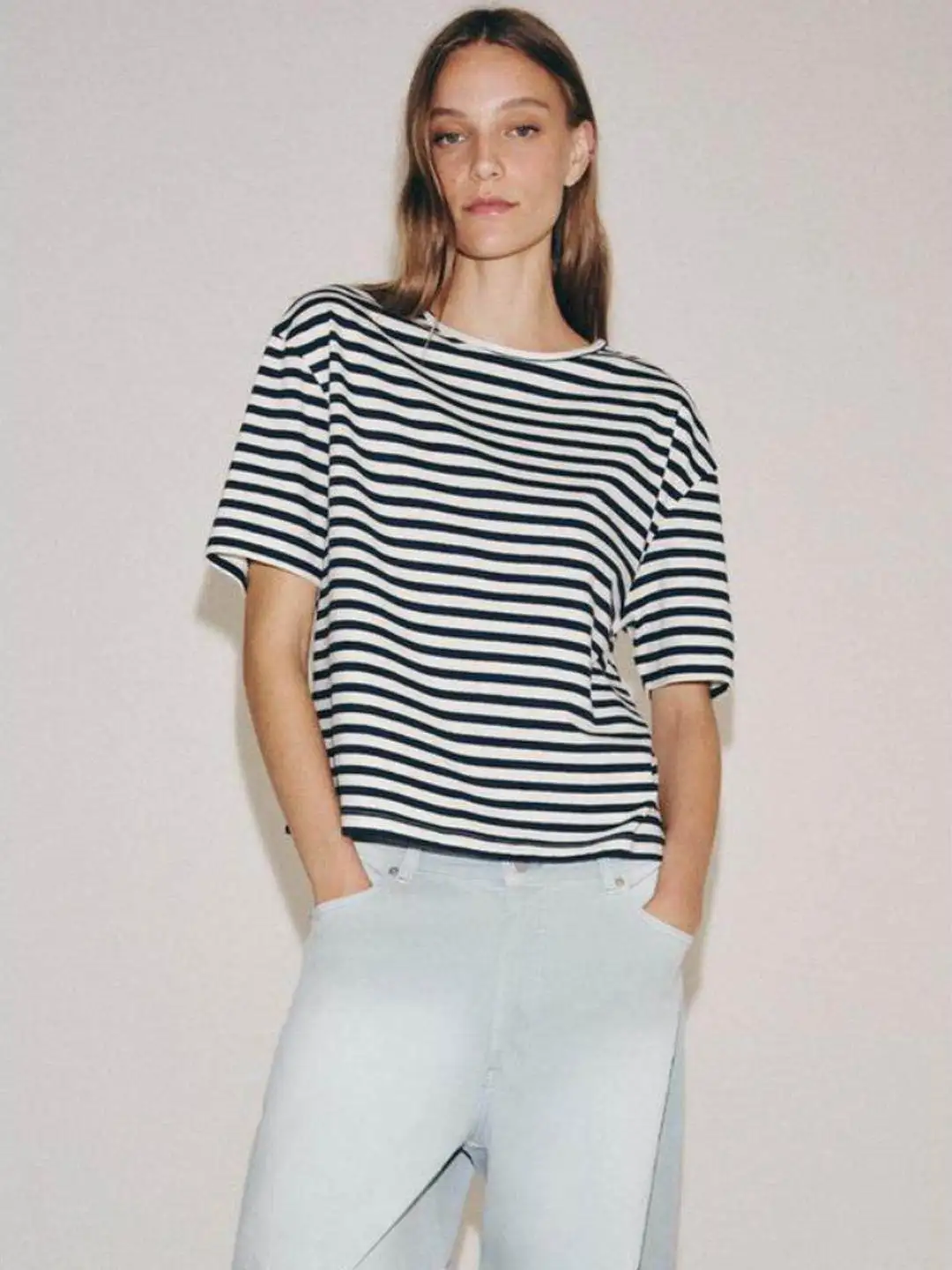 Casual Striped Slim Fit Short Sleeve T-Shirt Women's Citywalk Breathable Moisture Wicking round Neck Regular Length T-Shirt
