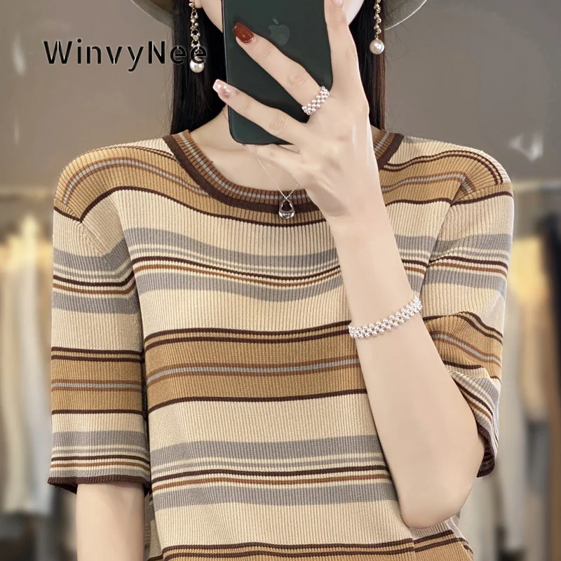 WinvyNee Women Spring Autumn Fine Spun Wool Knit Pullover Striped Crew Neck Sweater Versatile Daily Fashion Knitwear ZA1737022