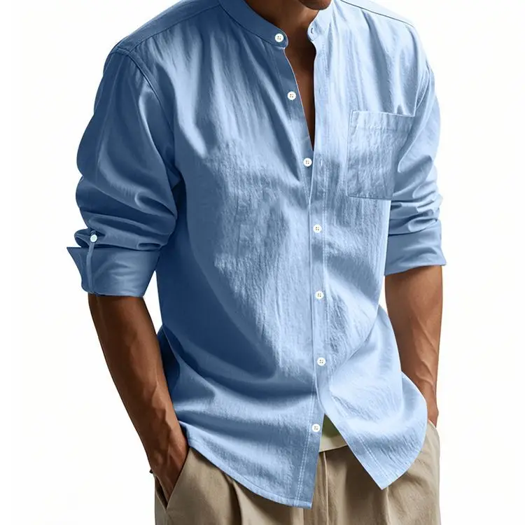 Spring Summer 2026 Men's Henley Shirt Youth Stand-Up Collar Linen Shirt Lazy and Relaxed Sunscreen Long Sleeve Casual Shirt