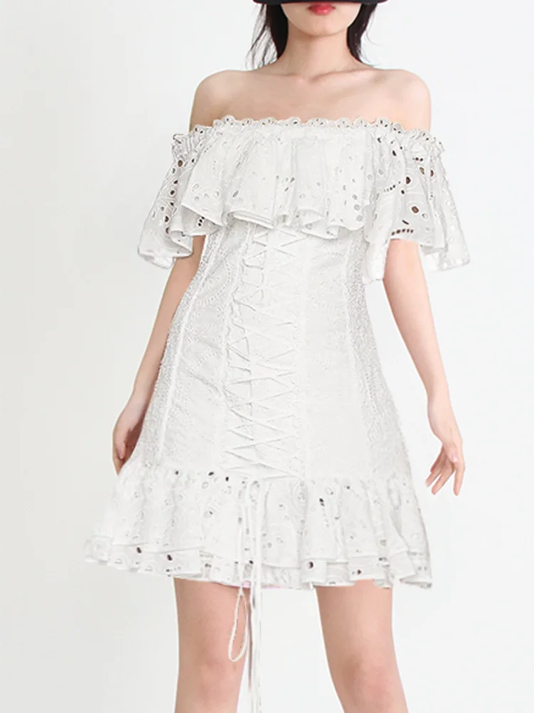 VGH Fora Do Ombro Strapless Vestidos Para As Mulheres de Slash Neck Borboleta Manga Alta Wasit Patchwork Ruffles Mini Emagrecimento Vestido Feminino