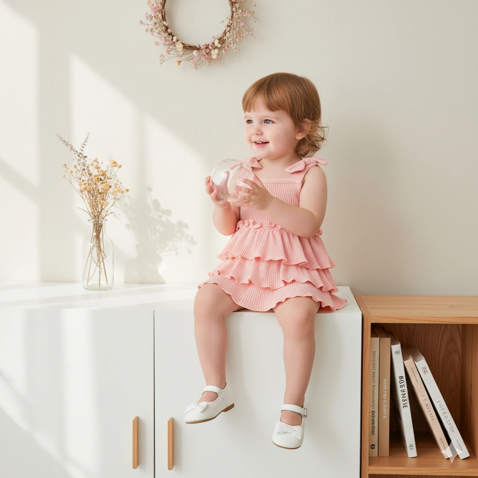 Newborn Baby Girls Romper Dress Solid Color Bowknot Straps Ribbed Ruffles Skirt Hem Infant Bodysuits Jumpsuits
