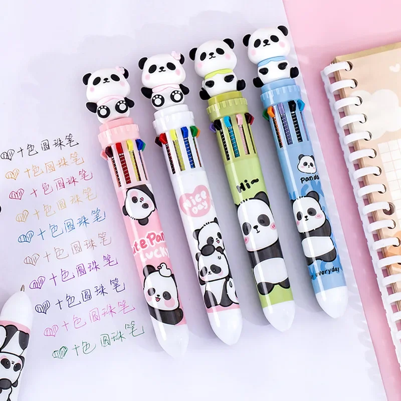 12 Pcs Cartoon Panda Ten-color Ballpoint Pens Student Creative Multi-color Pen Stationery Small Gifts