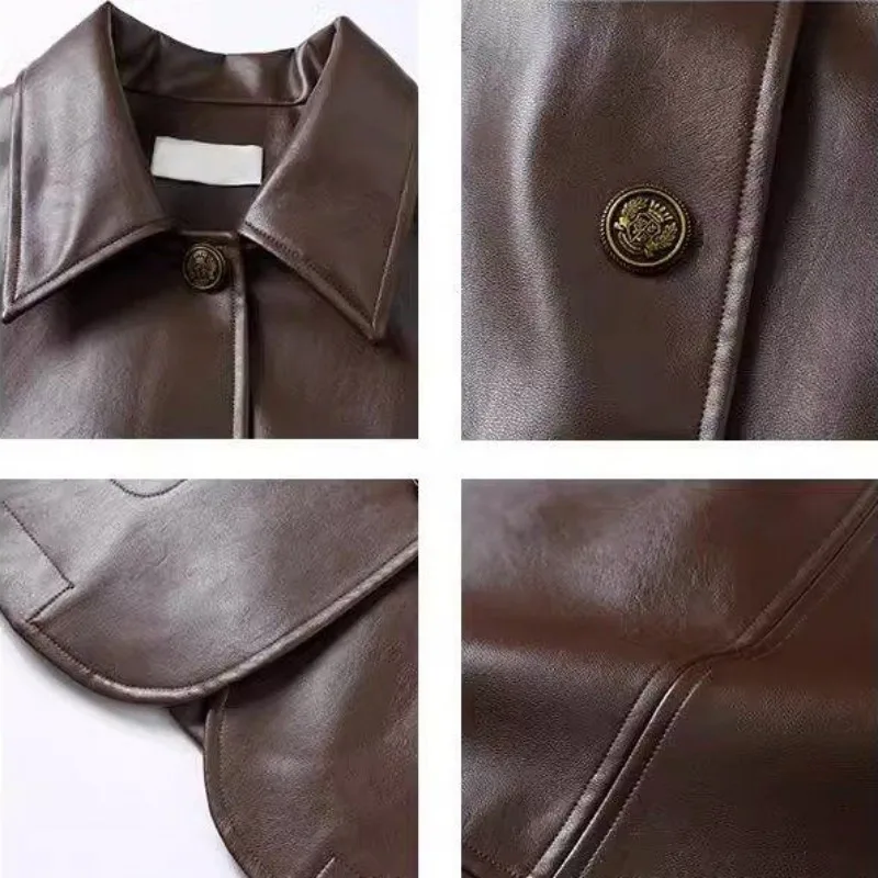 Xiaoxiangfeng-Manteau en Faux Cuir PU pour Femme, Pardessus Rétro à Manches sulf, Style Coréen, Slim, Printemps Automne 2024