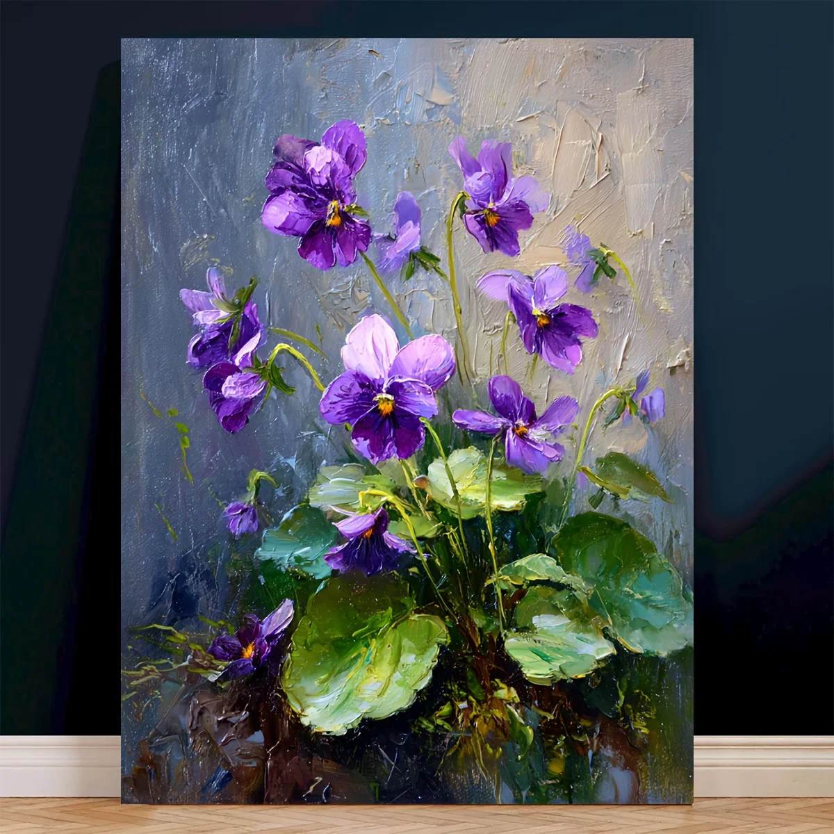 2D FLAT French Violet Floral Canvas Painting - Elegant Purple Flowers in Green Leaves, Modern Plant Wall Art Decor,  Home/Office