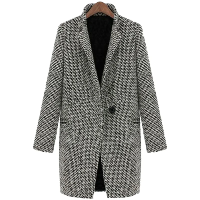 

Womens Long Woolen Jacket Trench Wool Blends Lapel Tweed Outwear One Button Cashmere Coat Female Autumn