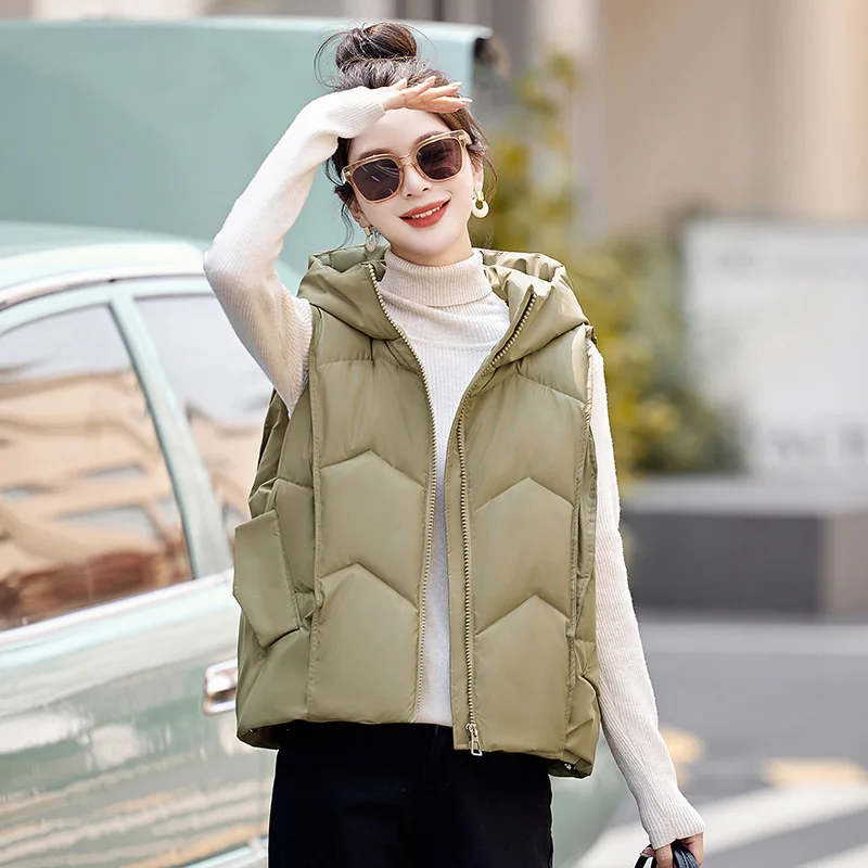 2024 Winter New Down Vest Women Casual Hooded Autumn Warm Sleeveless Waistcoat Jacket Female Cotton Vest Parkas Chaleco Mujer