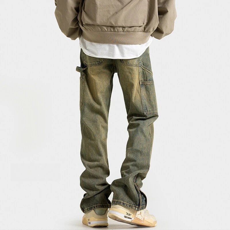 

2025 Autumn New Style, Plus Size Retro High Street Large Pocket Patchwork Zipper Design Jeans, Loose Slim Fit Cargo Jeans M-5X