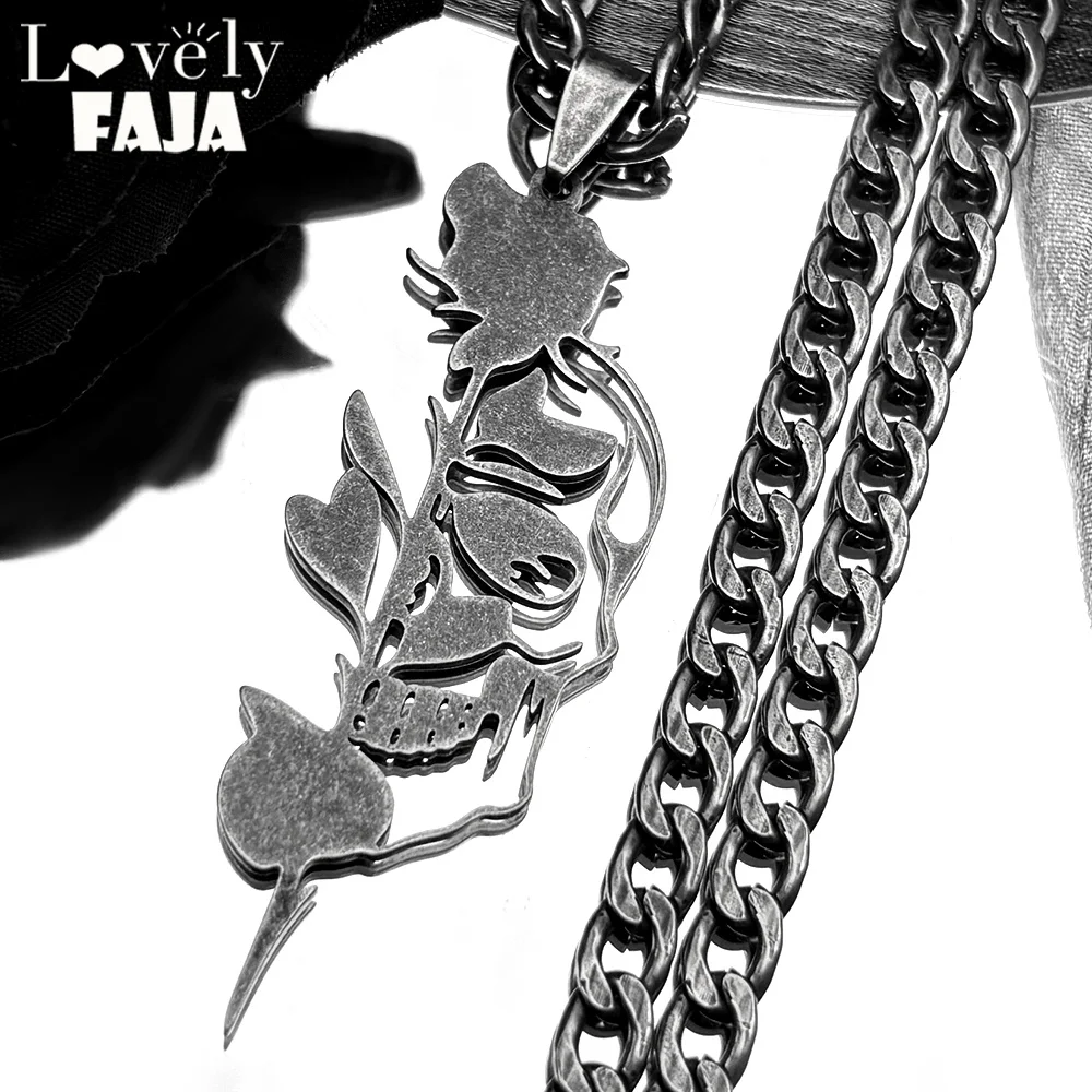 

Stainless Steel Hollow Gothic Skull Rose Flower Pendant Necklace for Men Women Black Color Skeleton Punk Party Jewelry Gift