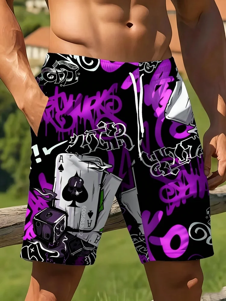 Men's Spades A Poker Pattern Beach Pants with Drawstring, Elastic Waist Side Pocket, Trendy Vacation Casual Shorts