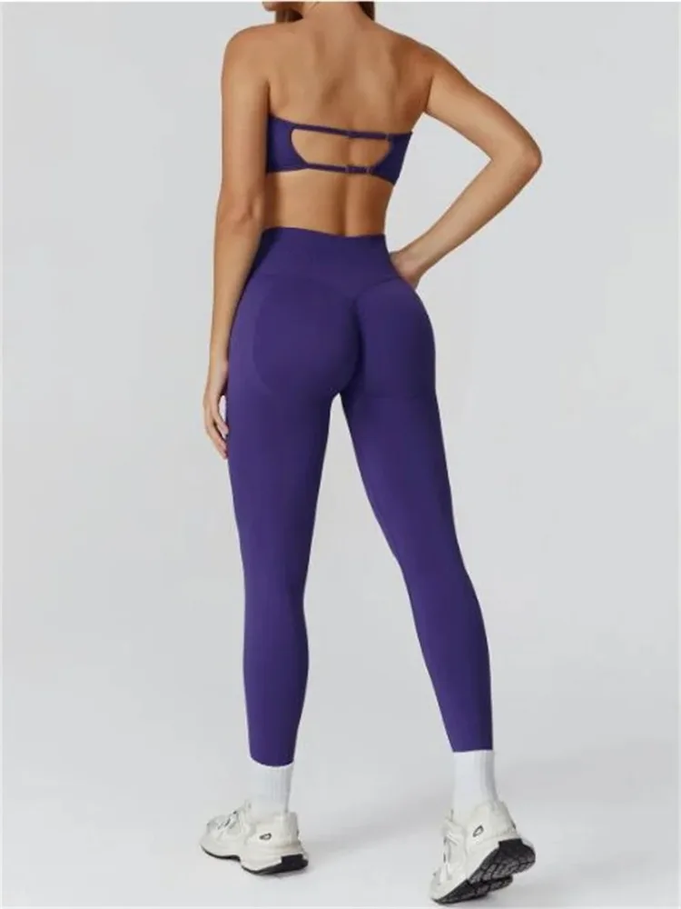 Women Seamless Yoga Set Hollow Back Sports Bra High Waist Leggings Running Workout Outfit Fitness Gym Active Wear Clothes