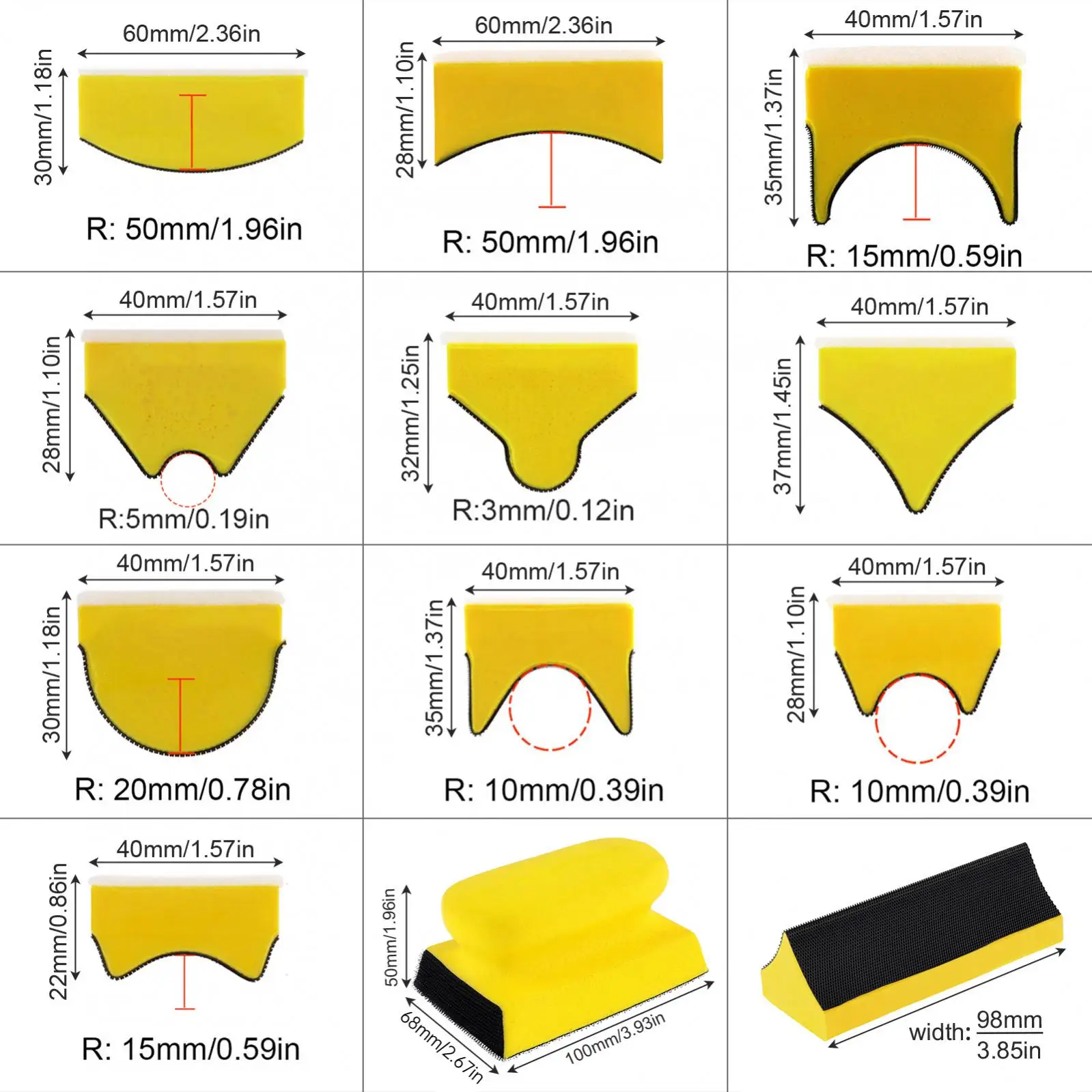 11pcs/set Contoured Profile Sanding Block Set Hook and Loop Foam Material Hand Sander Block Convex & Concave Shapes