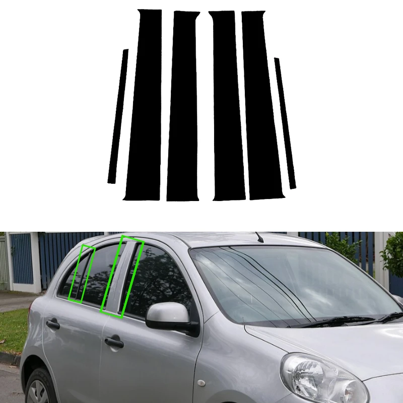 6Pcs Glossy Black Car Window Pillar Posts Door Trims Cover Stickers For Nissan March Micra K13 Renault Pulse (India) 2011-2015