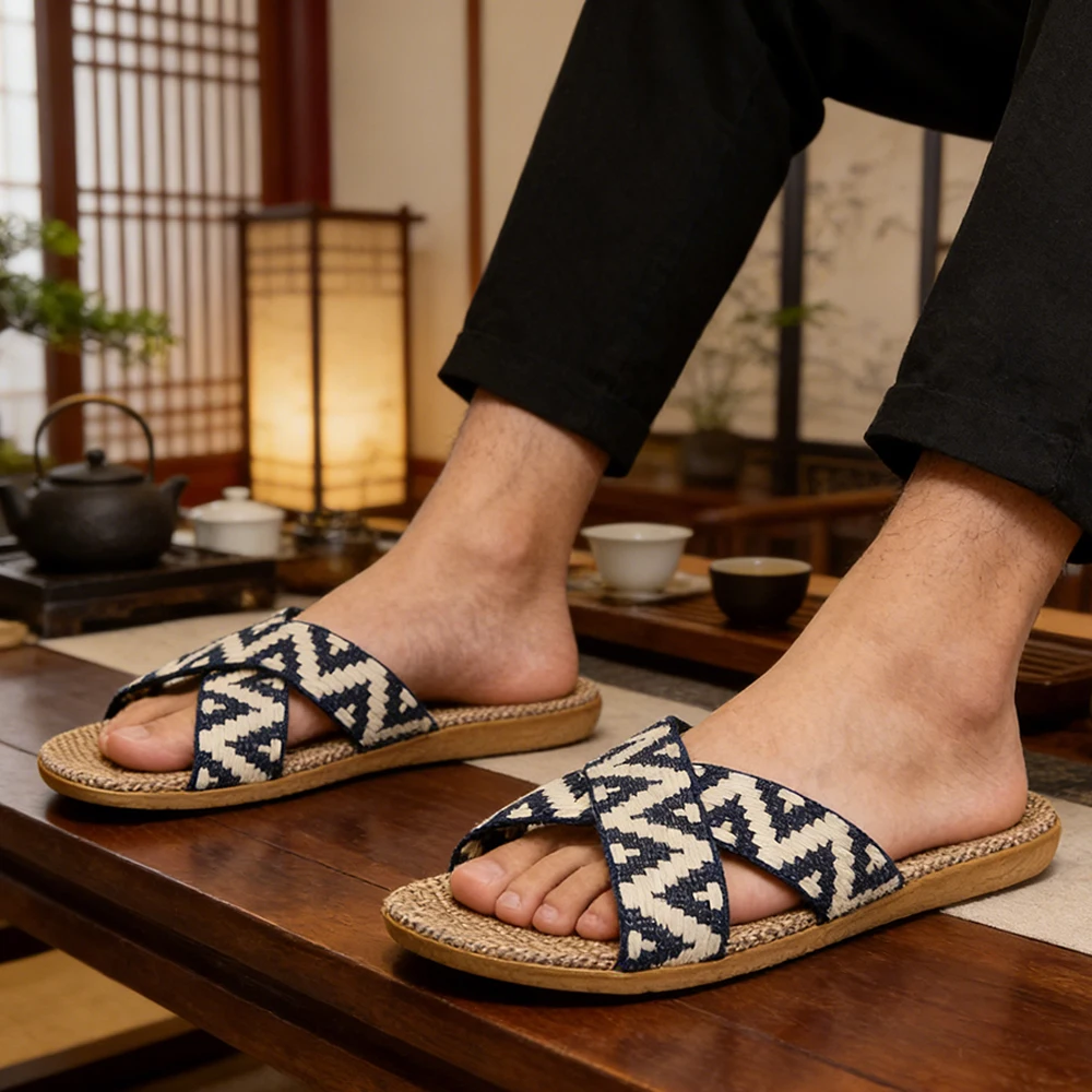 Men Slippers Lightweight Indoor Linen Slippers Antislip Home Shoes Summer Flat Sandals Casual Slippers Bedroom Slippers image 2