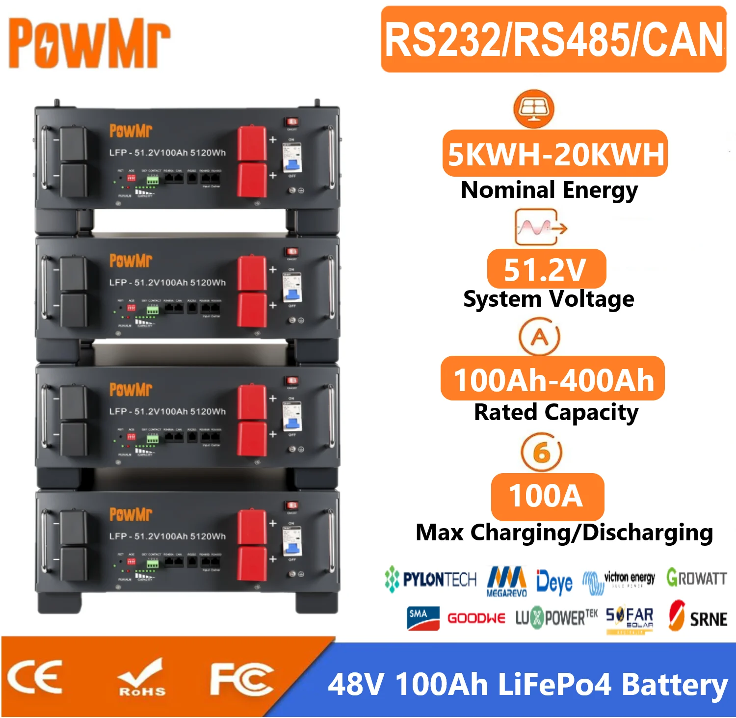 

Аккумуляторная батарея LiFePO4 POWMR 48В 100Ач для серверных стоек, 5кВтч, штабелируемая, со встроенной BMS 100А, 4S, 20кВтч, для автодомов, фургонов, солнечной энергетики