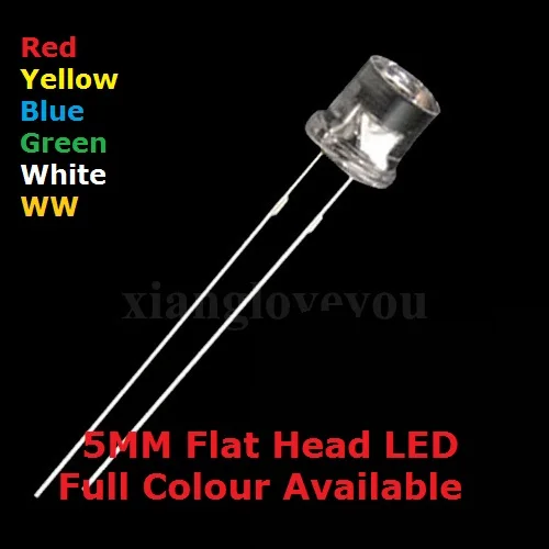 100PCS 5MM DIP Transparent Cover Flat Head LED Blue Warm White High Bright F5 Red Yellow Green Quality Bead Light Emitting Diode