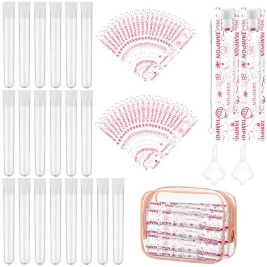 64 Pcs Tampon Flasks Set Includes 20 Reusable Plastic Flasks, 40 Self Adhesive Wrappers, 2 Funnels, Clear Storage Bag, Clean Br