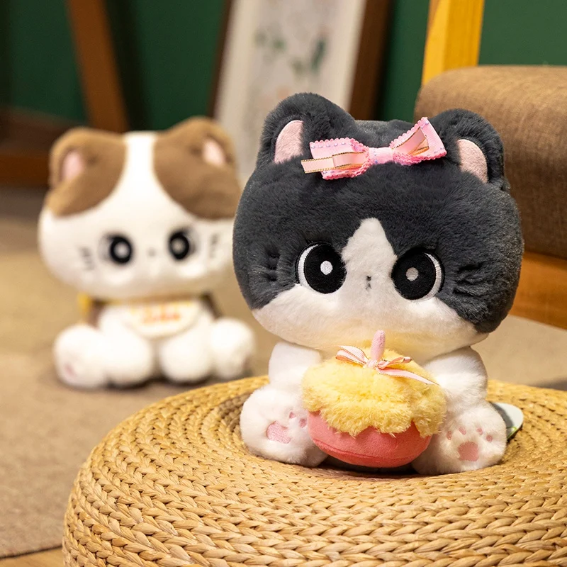 

Cuddly Cartoon Big Eyes Magic Cat Plush Toys Fluffy Lovely Sitting Kitty Doll Holding Cake Sweet Gift To Family Friends