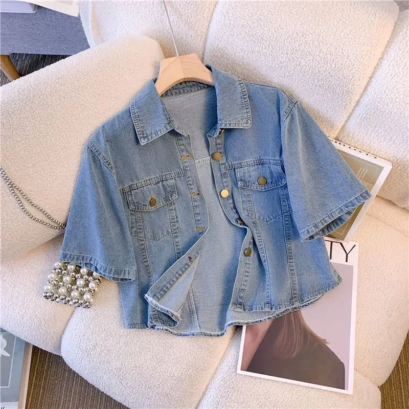 Short Sleeved Denim Jacket for Women Summer Thin 2024 New Loose Casual Versatile Short Shirt Jacket Top Lapel Clothes