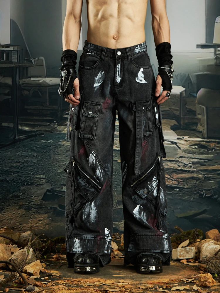 Special-Interest Design Super Heavy Industry Multi-Pocket Ribbon Deconstruction Graffiti Loose Straight Cargo Pants Jeans