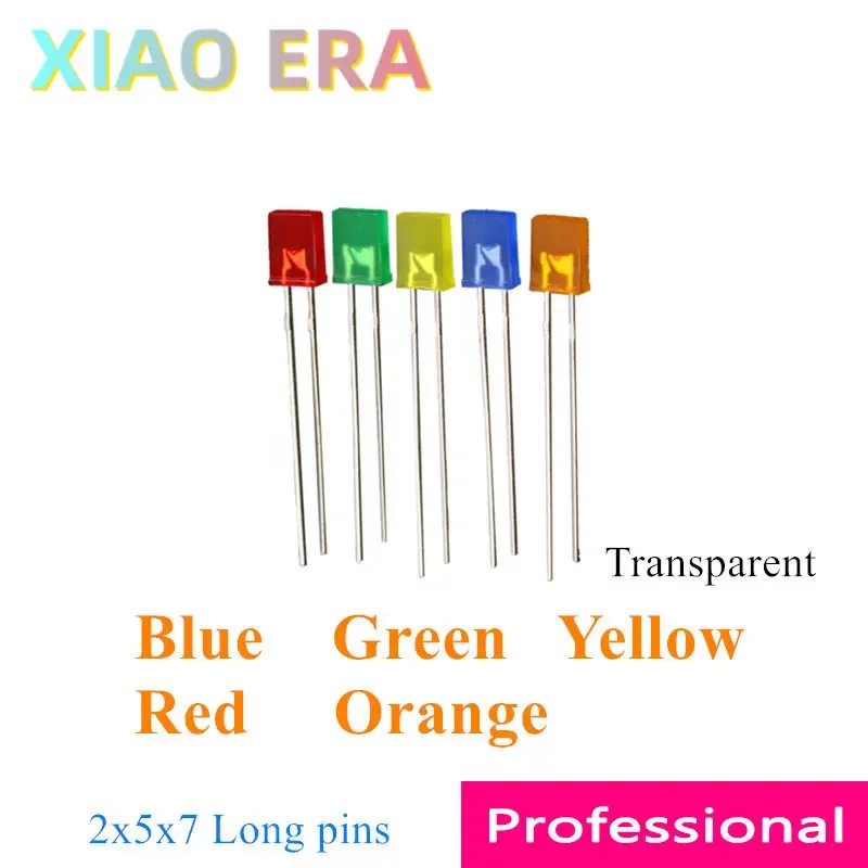 1000pcs 2x5x7 257 Square LED Long pins Blue Green Yellow Red Orange Color turn color Transparent