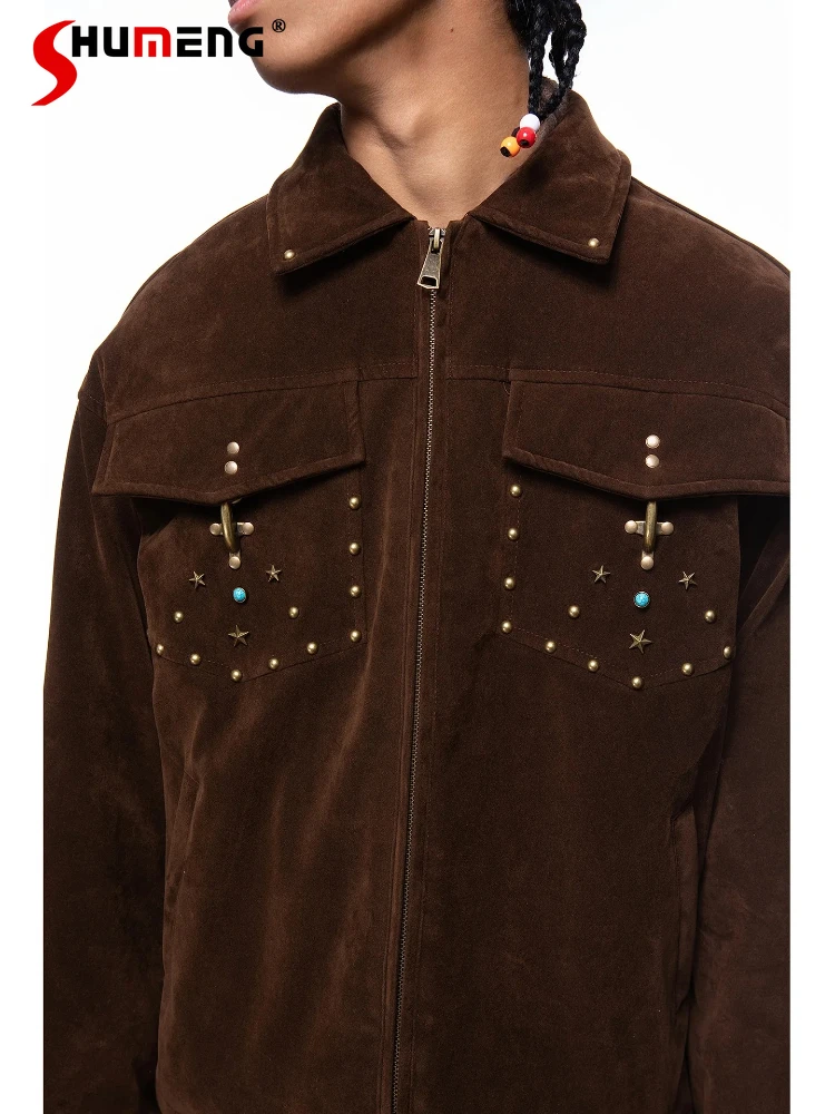 

American Style Retro Lapel Rivet Loose Down Jackets Men 2025 Winter New White Duck Down Warm Coats Male Solid Color Down Coats