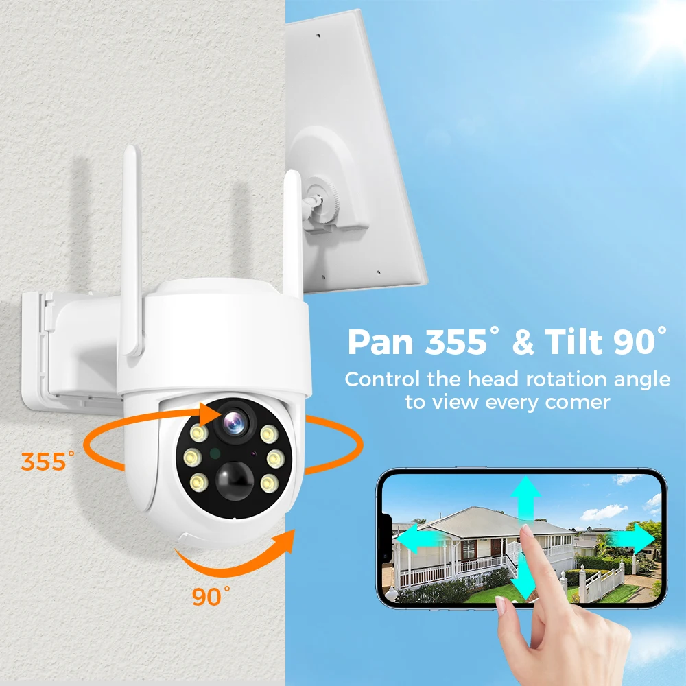 4MP HD WiFi PTZ Camera Outdoor Wireless Solar IP Camera Built-in 8000mAh Battery Video Surveillance Camera Long Time Standby