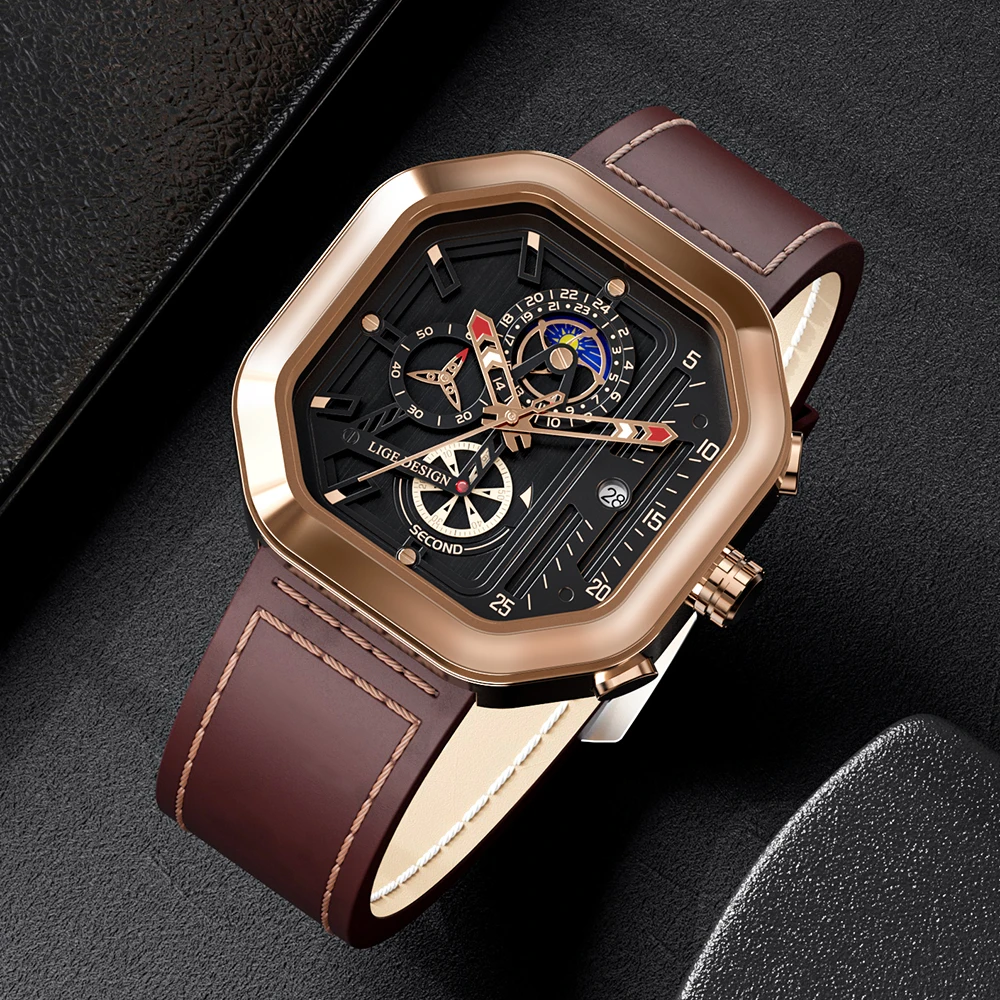 2024 LIGE Business Leather Watch For Men Top Brand Luxury Mens Watches Waterproof Quartz Wrsitwatch 24 Hours Moon Phase Clock