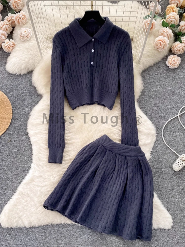 French College Style Sweet Knitted Two Piece Set Women Short Knit Top + High Waist Skirt New Retro Chic Streetwear Solid Suits