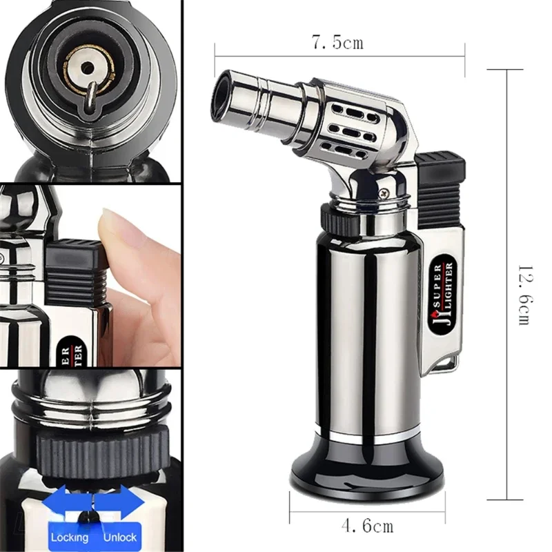 Metal Windproof Turbine Gas Lighter Flame Powerful Spray Gun Blue Flame Cigar Lighter Welding Torch Kitchen Cooking Adjustable