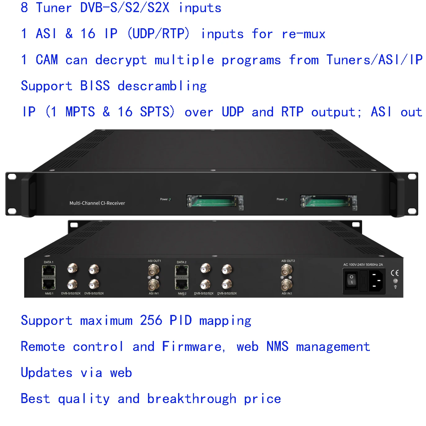 

encrypted DVB-S/S2/S2X Multi-Channel CI-Receiver, DVB-S2X reciver, CAM receiver, demodulation decrypt TV programs