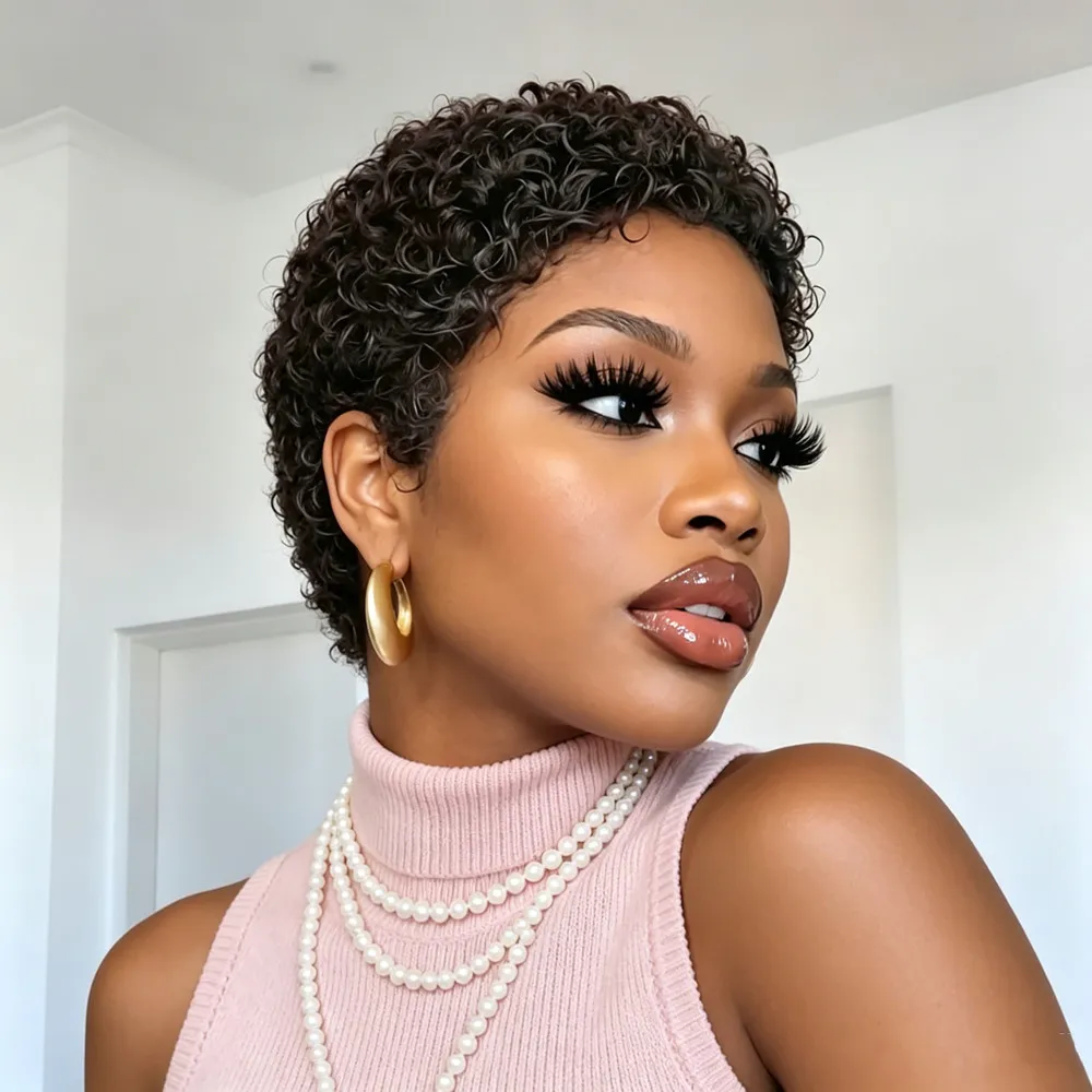 

150% density hair machine made pixie cut short curly human hair wig 4inch black color short afro curly human hair wig