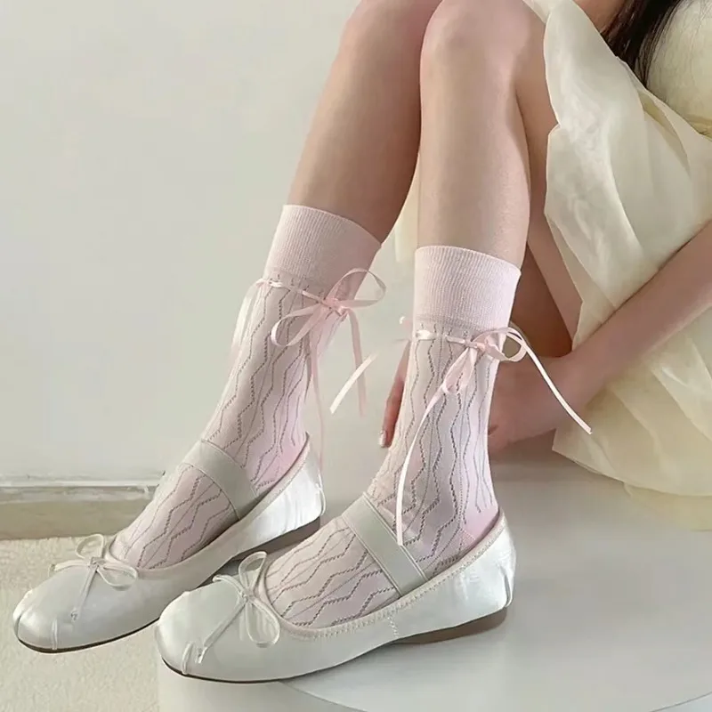 Spring Summer Ribbon Bow Kawaii Socks Y2k Japanese Style Sweet Girls Jk Lolita Middle Tube Socks Women Lovely Mesh Long Socks