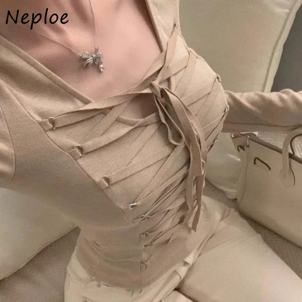 

Neploe Elegant Celebrity Cross Lace Up T-shirt Sexy Slim Waist Undershirt Casual Women Clothing Pure Desire Y2K Goth Korea Tops