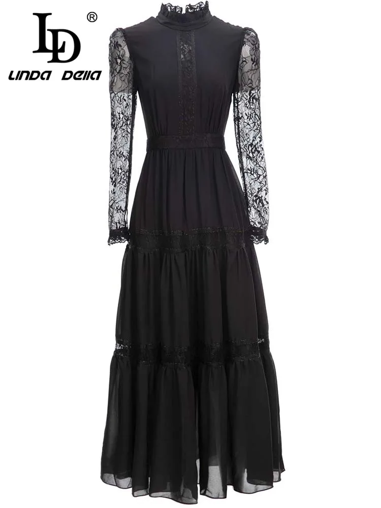 LD LINDA DELLA Fashion Runway Autumn Dress Women Lace Long sleeves Plicing High waist Vintage Balck Party Long Dress Vestidos