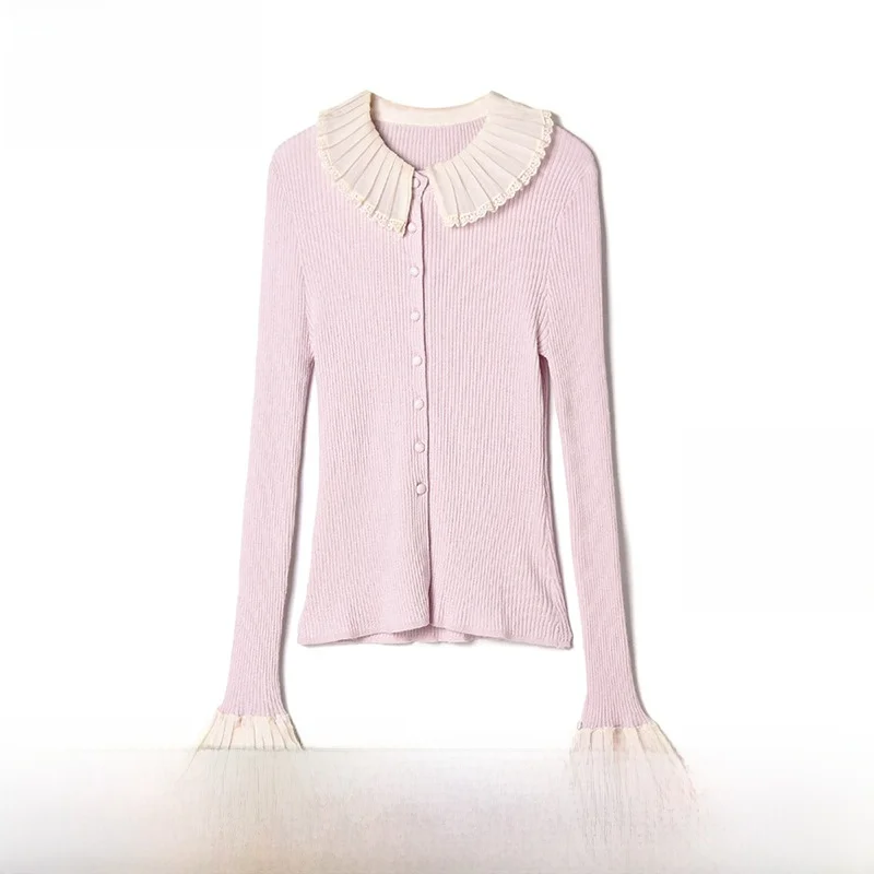 

Sweet Sle Women's Wool Blend Open Cardigan Sweater with Ruffle Collar 9M Charm Winter Faion Casual Long Sve Knitwear