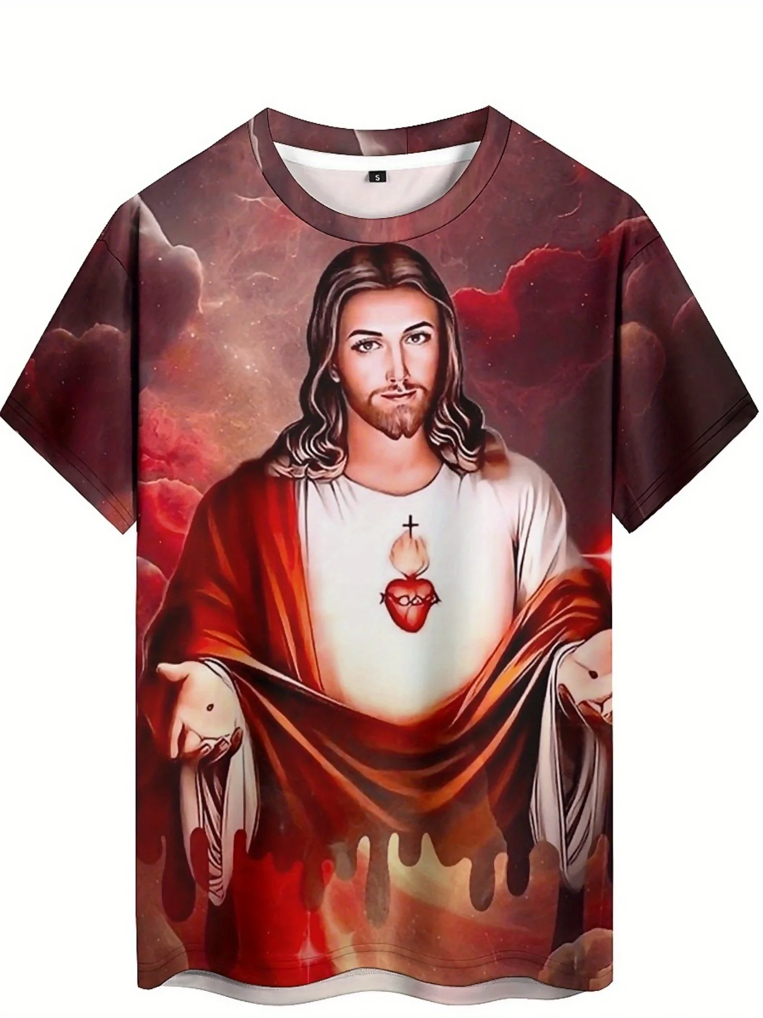 تي شيرت برسومات يسوع ثلاثية الأبعاد للرجال - أحمر وأبيض، كاجوال، بوليستر مريح، ملابس لجميع المواسم، نمط الحفلات والرياضة