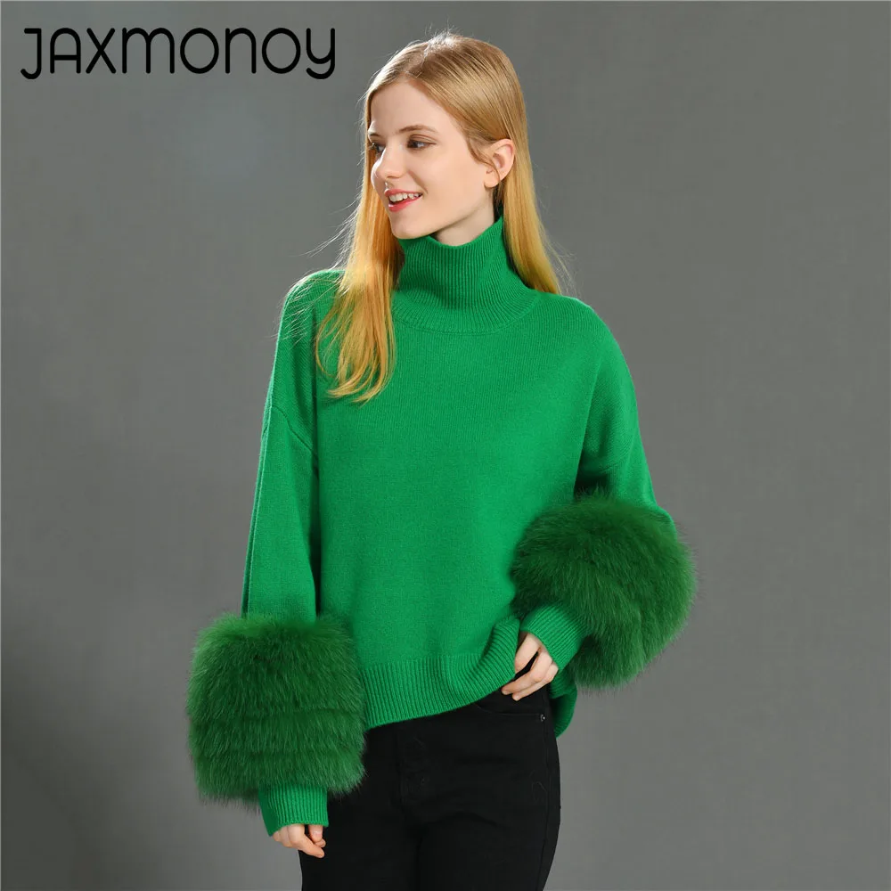 Jaxmonoy Women's Pullover with Real Fox Fur Cuffs Ladies Solid Color Sweater Autumn Winter Fashion Wool Knitted Tops New Arrival