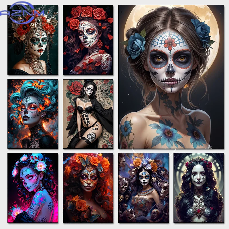 Affiches et impressions sur toile de la Fête des Morts : Fille Sugarskull aux fleurs, thème Los Muertos, images murales pour la maison