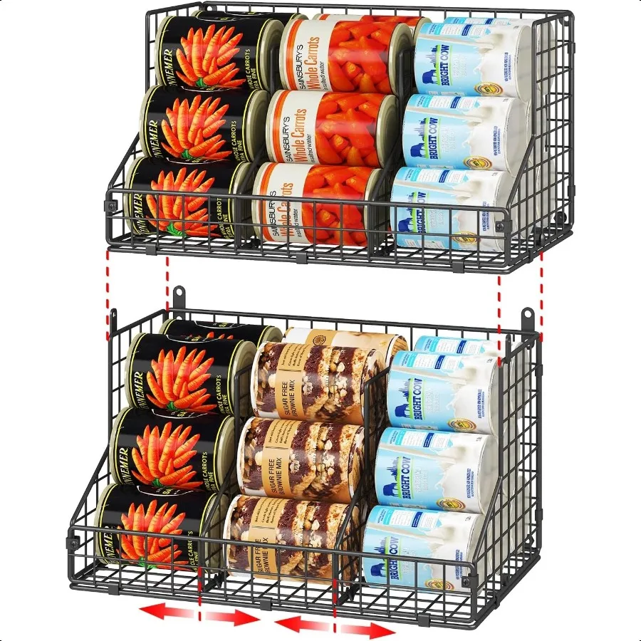 

2 Pack Stackable Can Rack Organizer for Pantry StorageCan Dispensers with 4 Adjustable Dividers 2Tier Metal Wire Basket Beverag